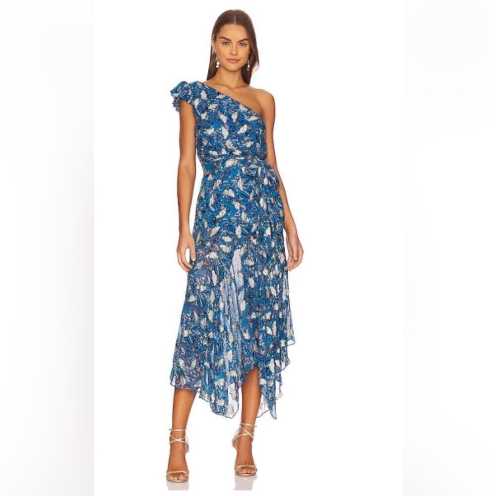 Karina Grimaldi Letitzia Dress LUREX print chiffon blue gold Sz S NWT $306